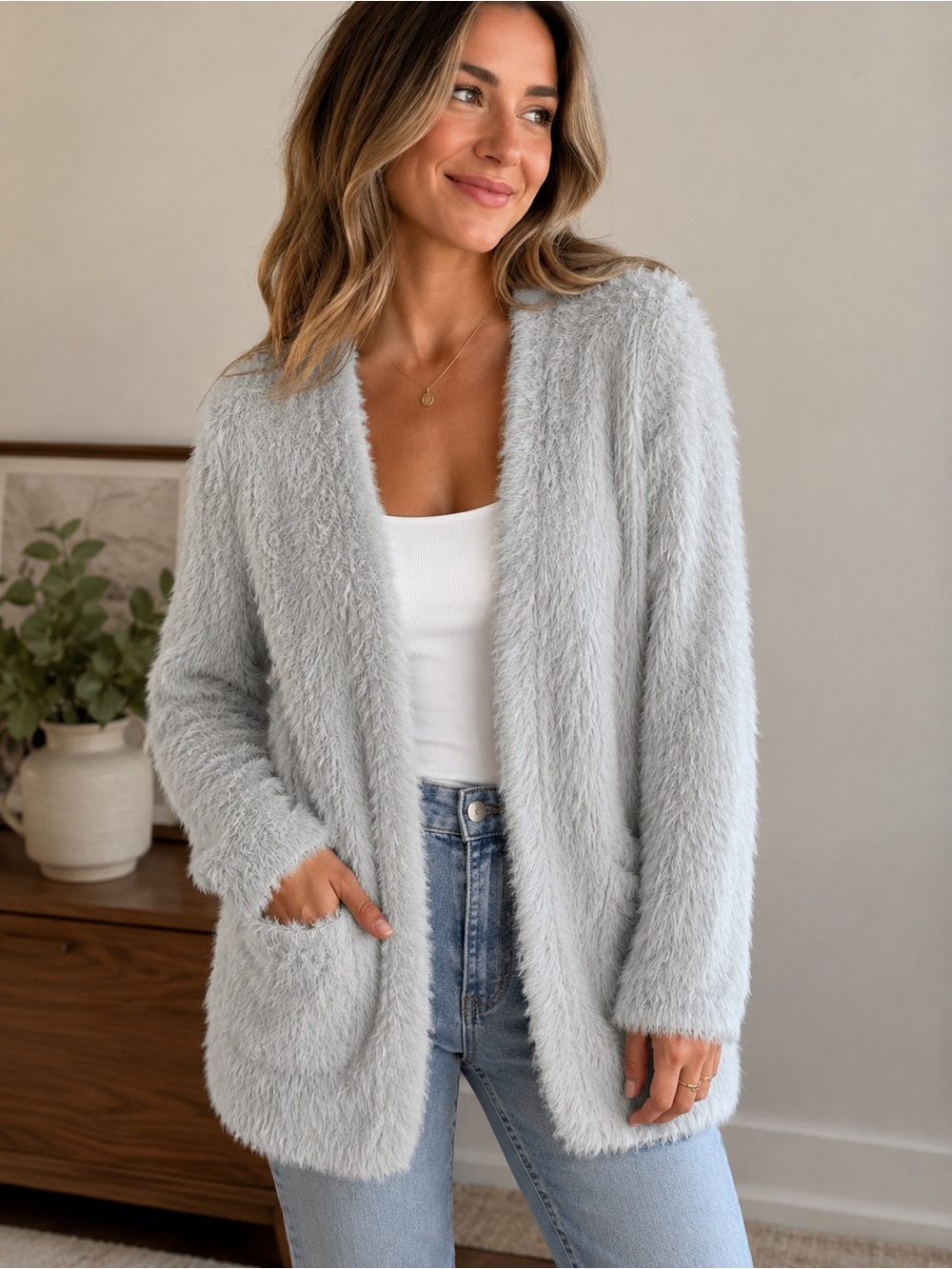 Free People Cozy Gray Fuzzy Eyelash Knit Open Front Cardigan Sweater Women Sz S